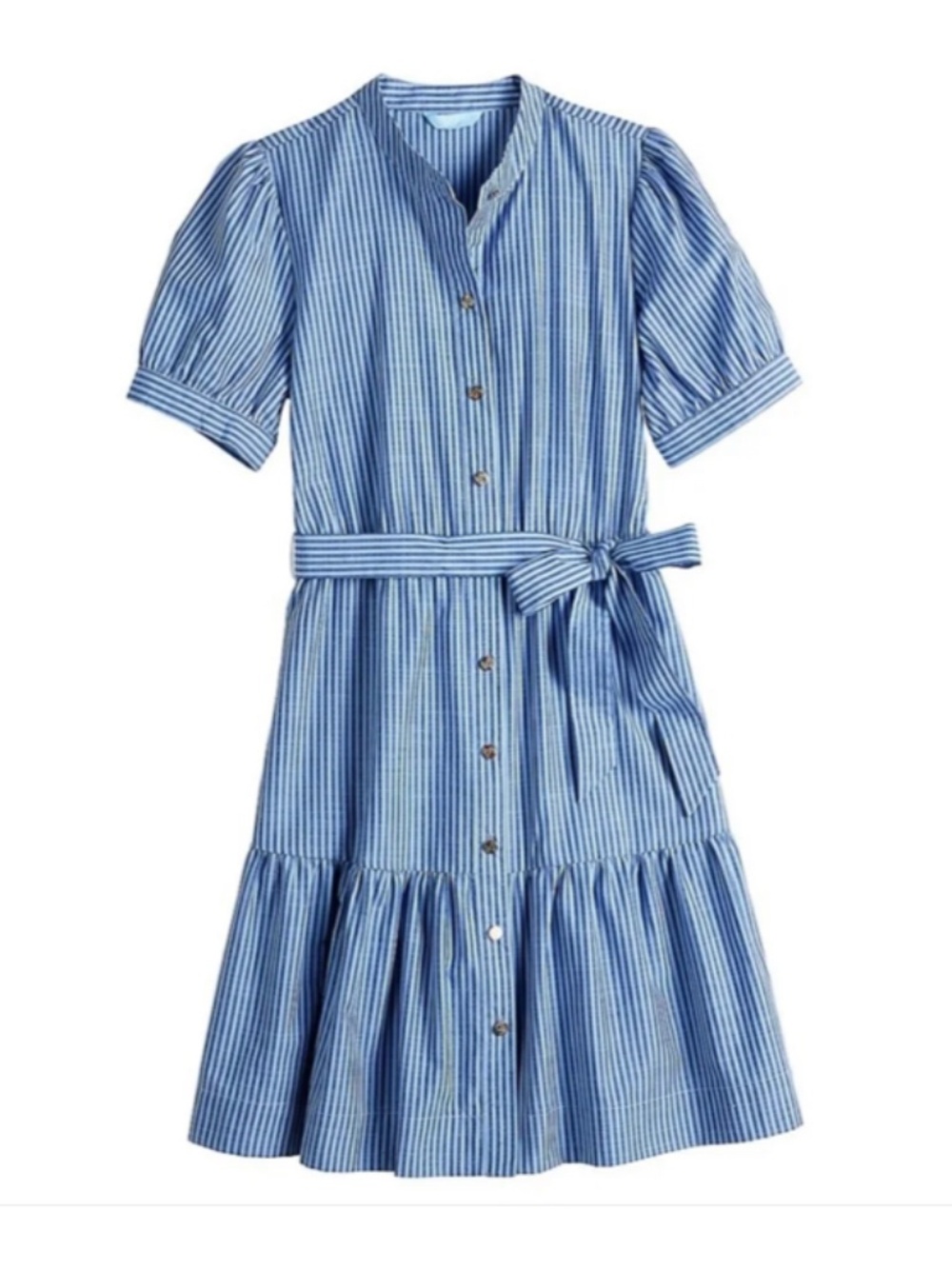 Draper James Blue and White Striped Midi Shirt Dress with Tie Waist